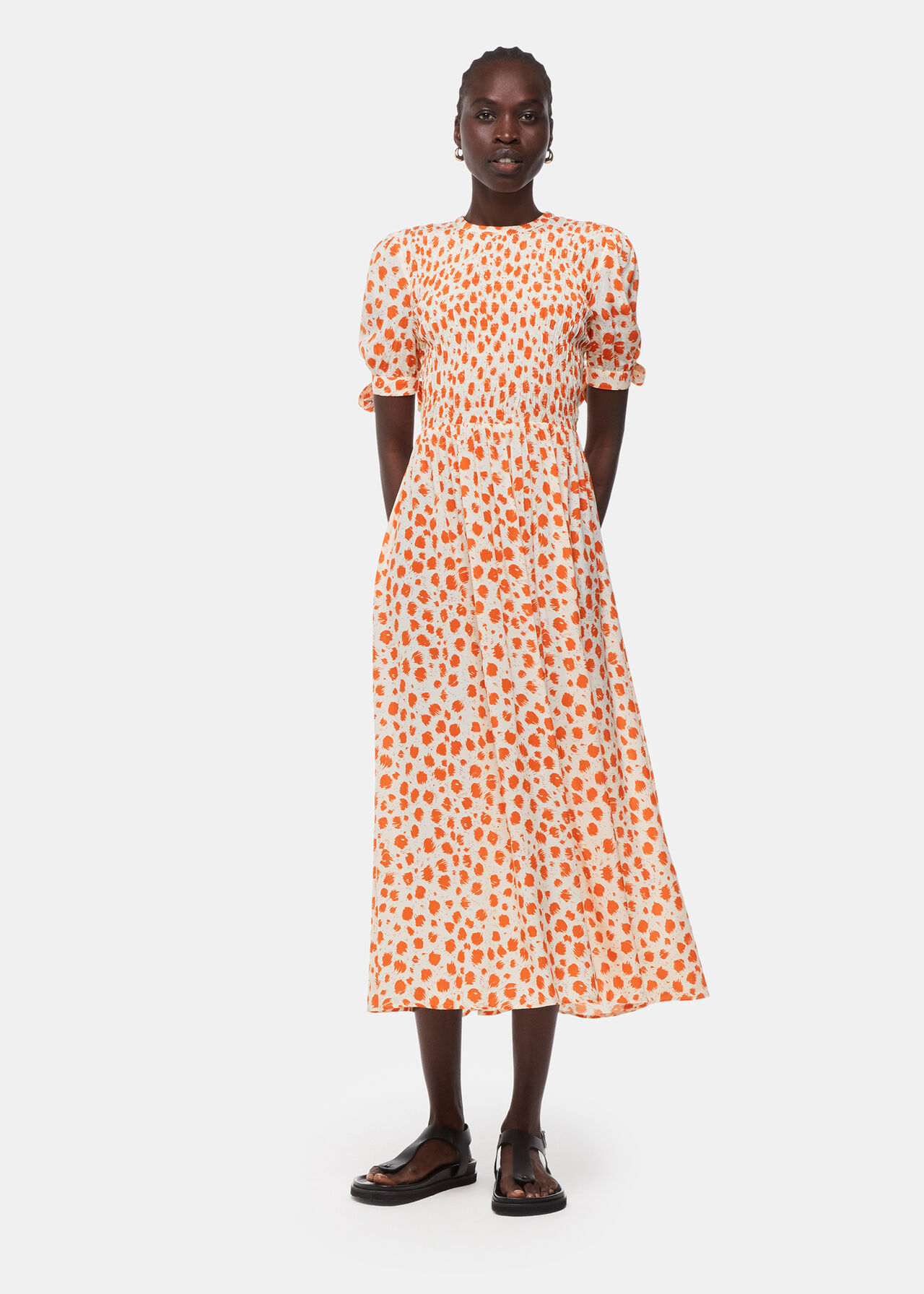 Spot Shirred Midi Dress